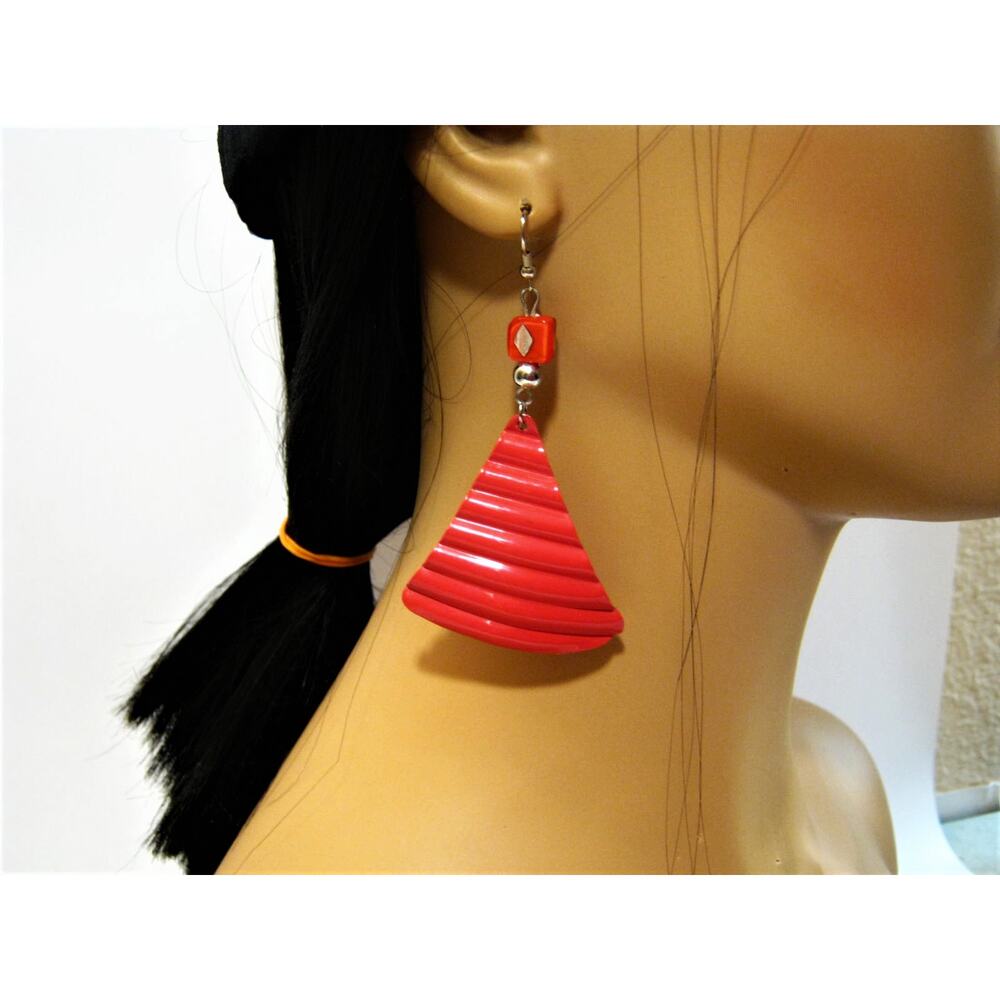 Handcrafted Red metal Waffle Drop Earring with vintage bead Accents